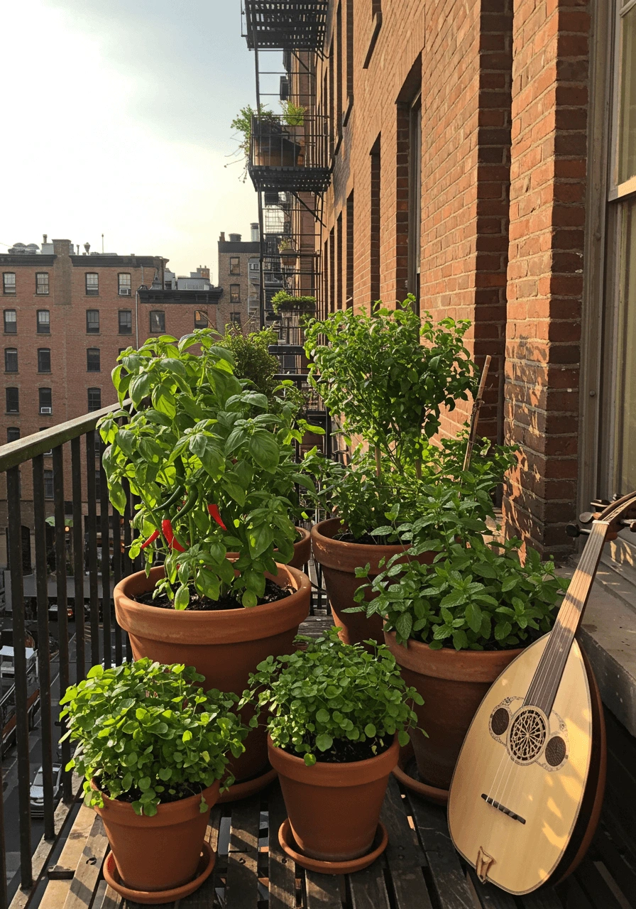 Potted herbs and chili plants on a sunny city balcony with a traditional oud leaning against the wall.