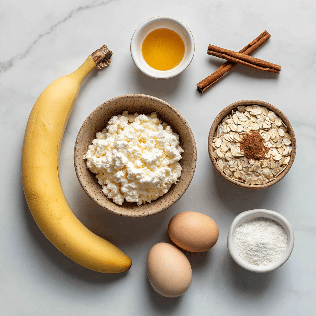 Ingredients for cottage cheese banana oat protein pancake bites
