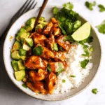 Chipotle honey chicken served with rice and avocado