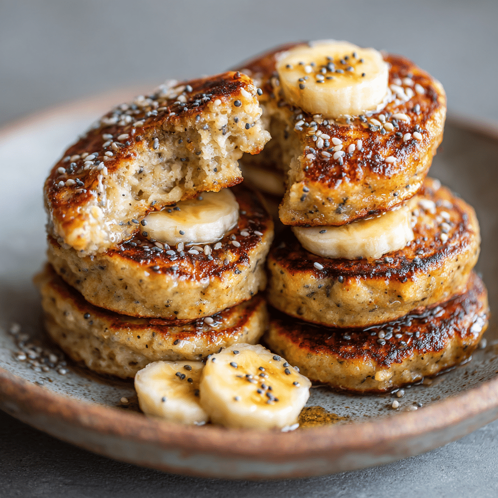 Cottage cheese banana oat protein pancake bites stacked with banana slices and chia
