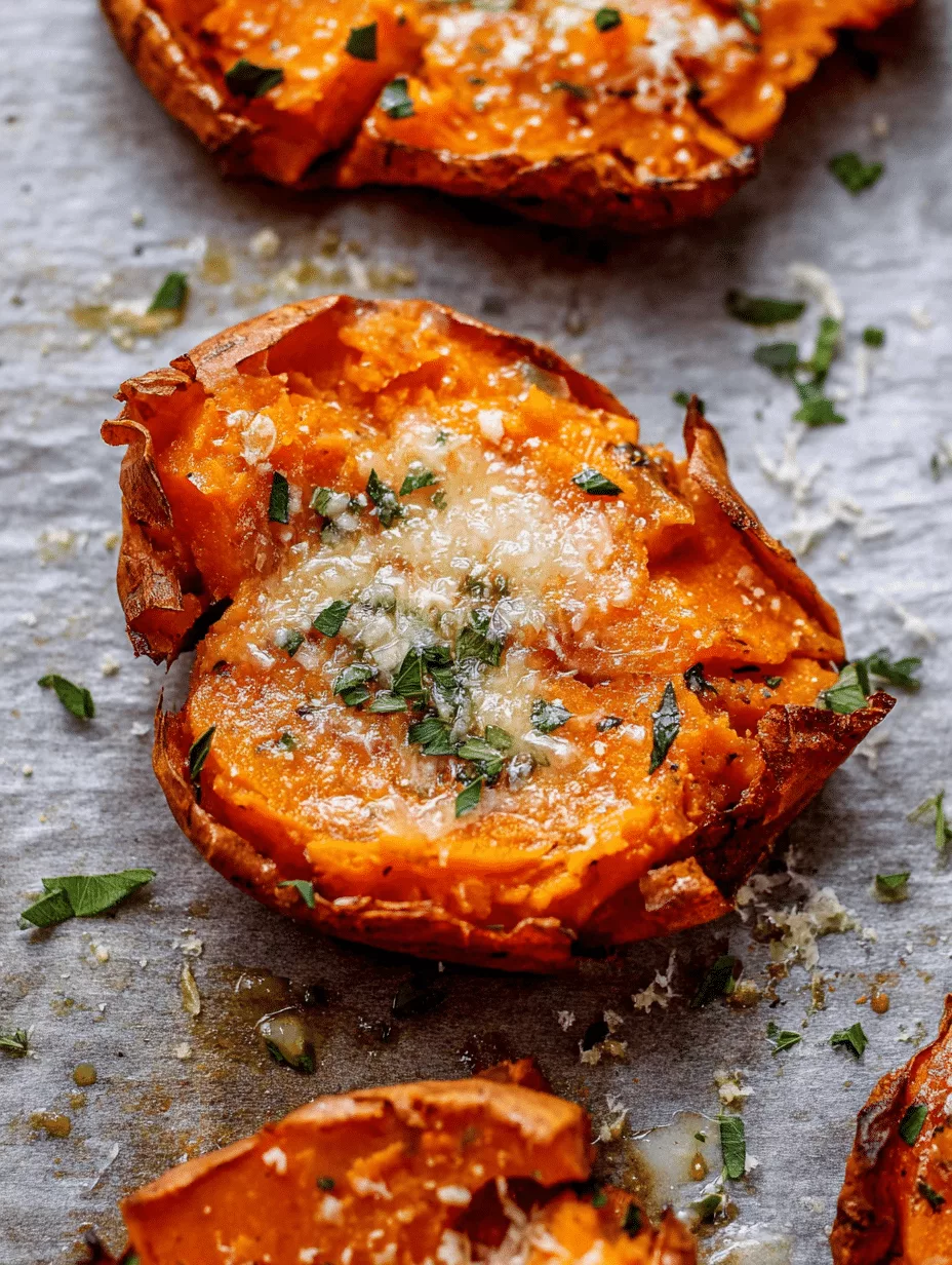 Garlic Butter Smashed Sweet Potatoes With Cheese