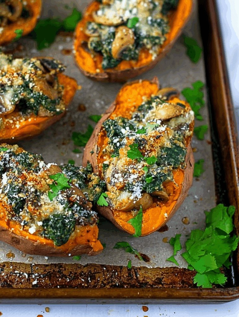 Spinach Mushroom Twice Baked Sweet Potato