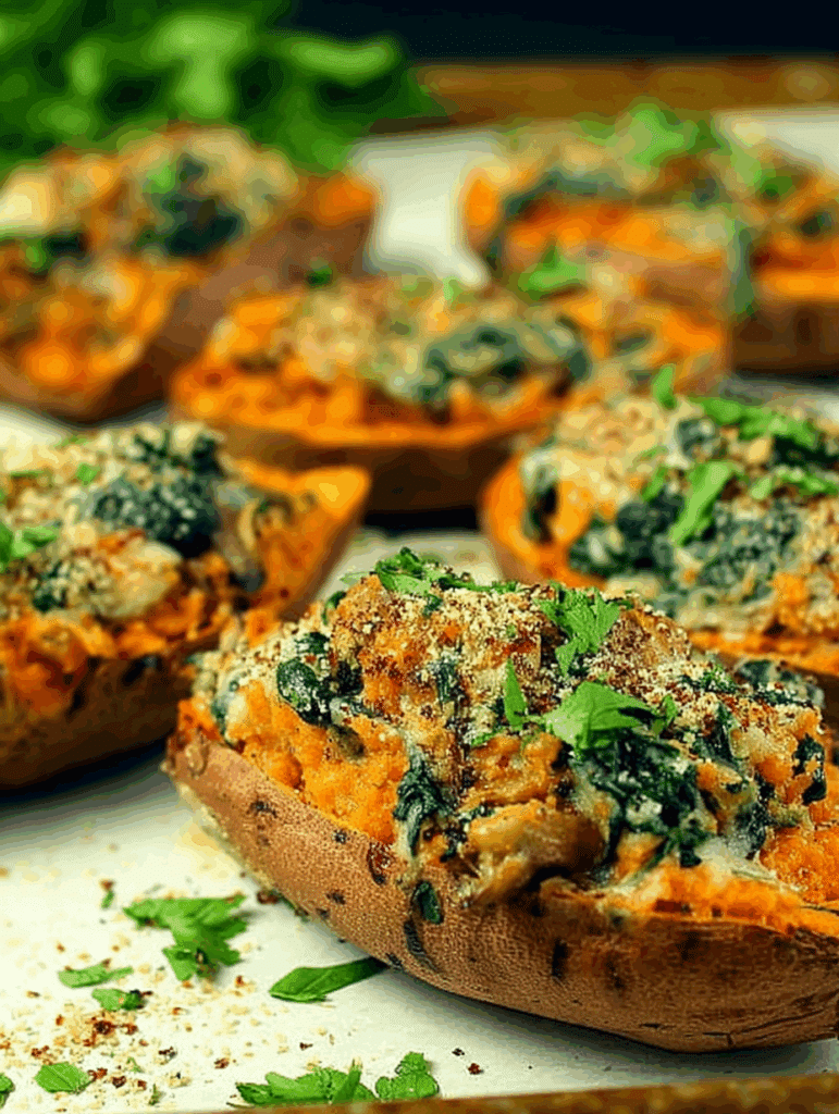 Spinach Mushroom Twice Baked Sweet Potato