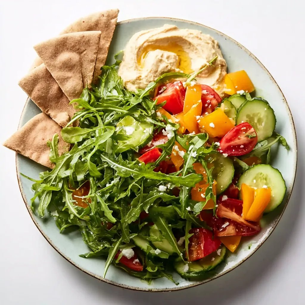 Cucumber, Tomato & Arugula Salad with Hummus - Light Summer Salad