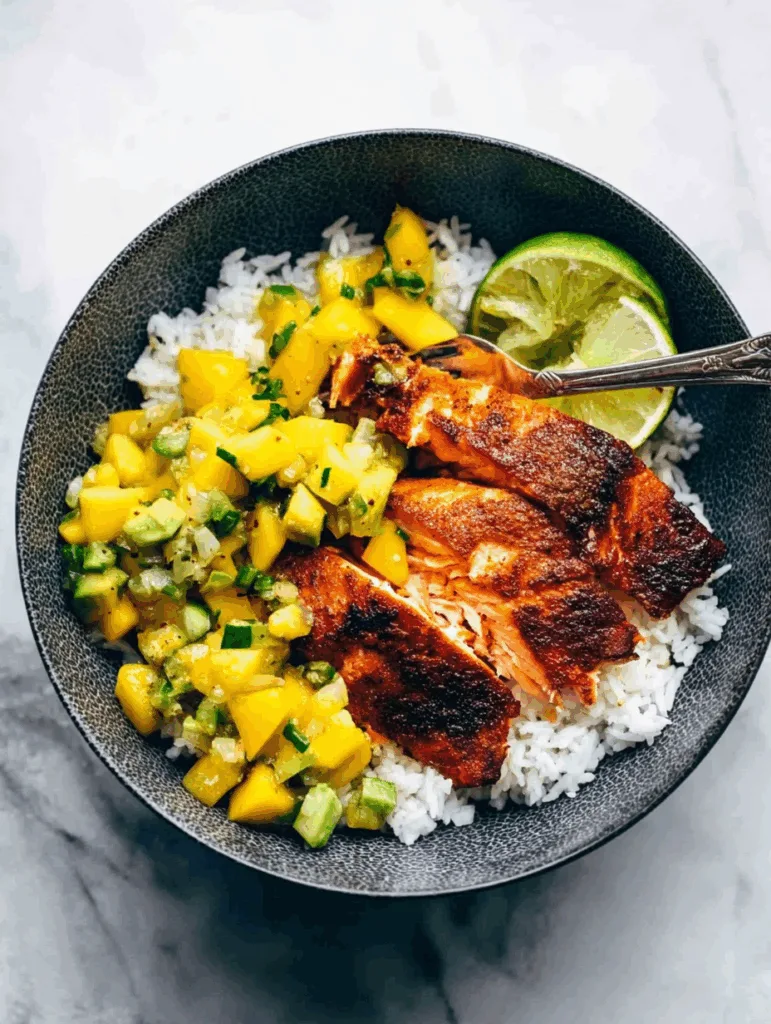 BBQ Salmon Bowls with Mango Avocado Salsa