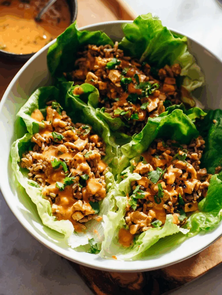 Tofu and Brown Rice Lettuce Wraps with Peanut Saucev