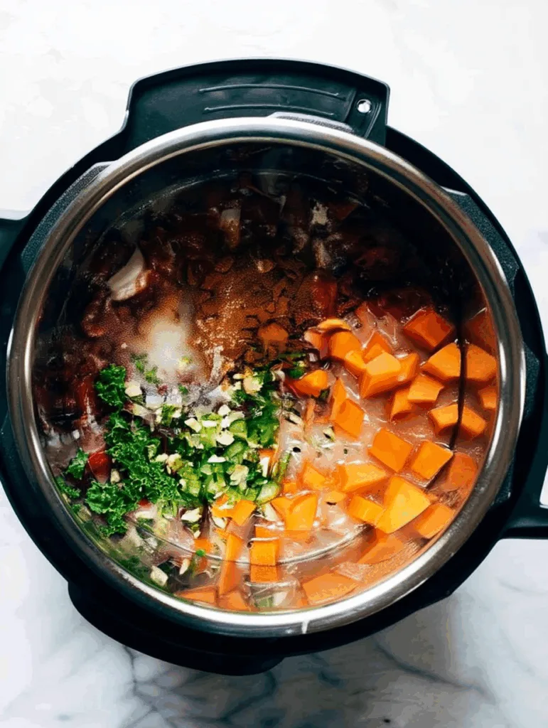 Spicy Peanut Soup with Sweet Potato + Kale