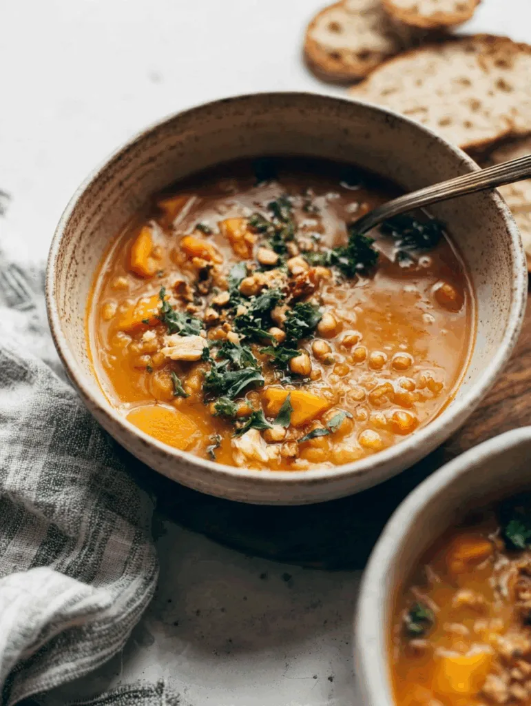 Spicy Peanut Soup with Sweet Potato + Kale