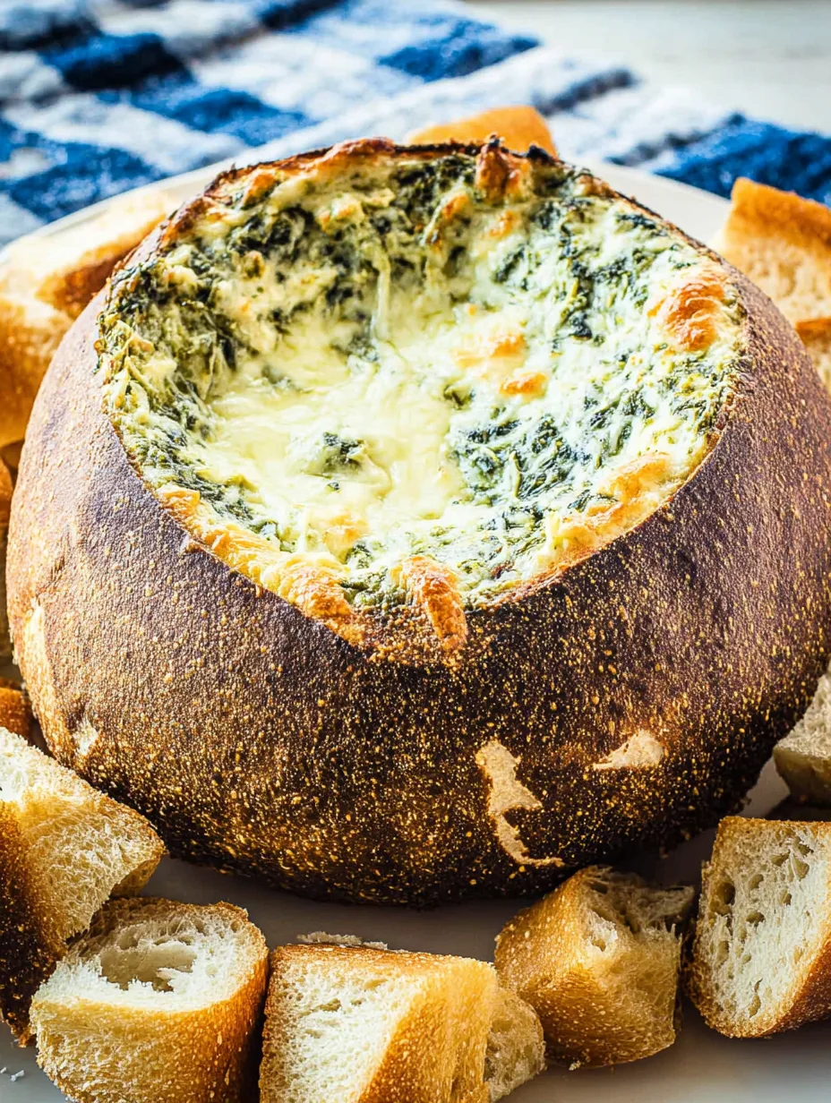 Spinach Artichoke Dip baked in a bread bowl