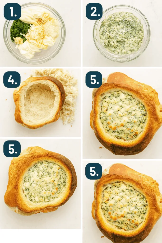 Spinach Artichoke Dip baked in a bread bowl