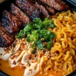 Spicy Korean Ramen with Grilled Beef & Creamy Sauce
