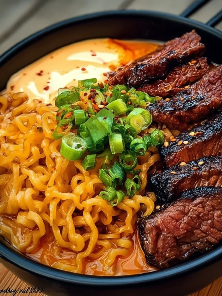 Spicy Korean Ramen with Grilled Beef & Creamy Sauce