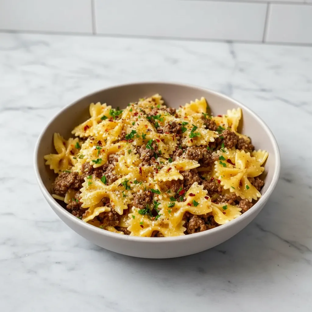 Garlic Butter Bowtie Pasta with Ground Beef