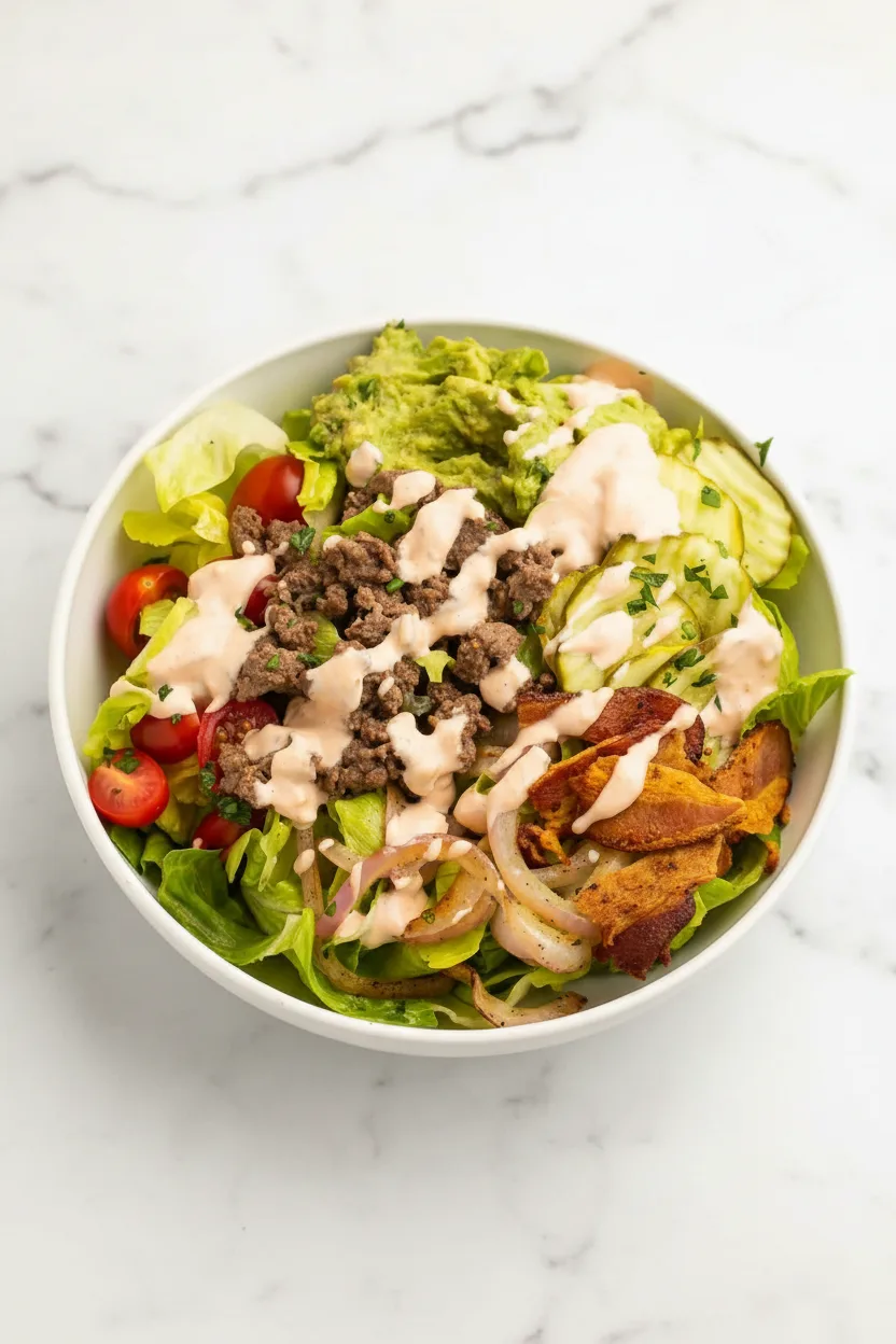 Fully Loaded Burger Bowl with “Special Sauce”