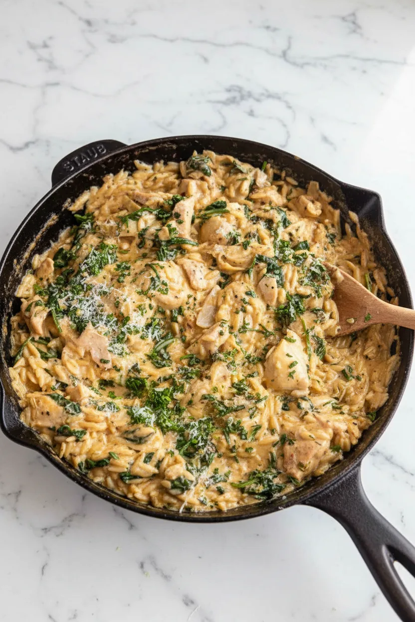 Spinach Artichoke Chicken Orzo in 25 Minutes