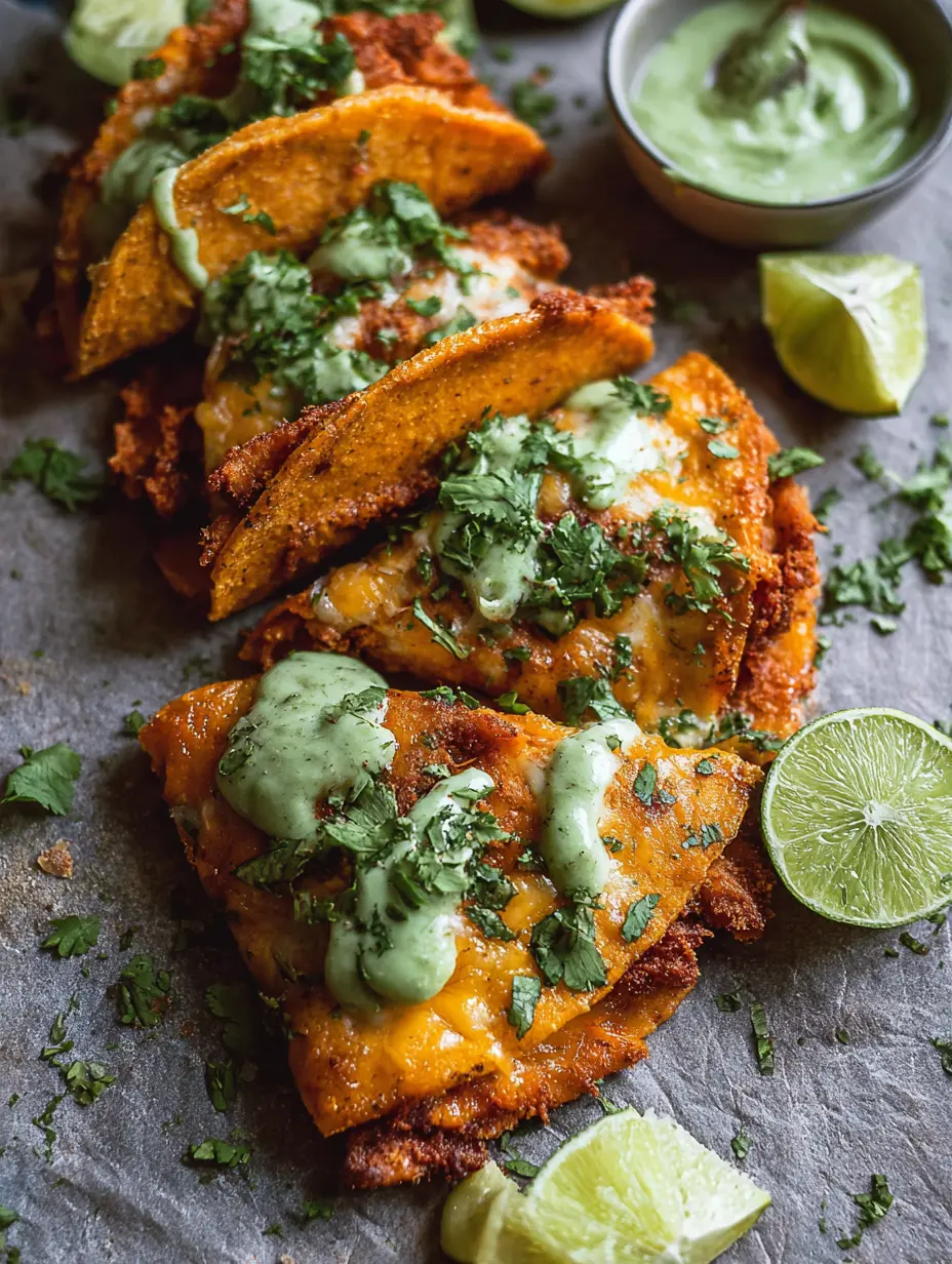 Crispy Cheese Chicken Tacos with Avocado Cilantro Sauce