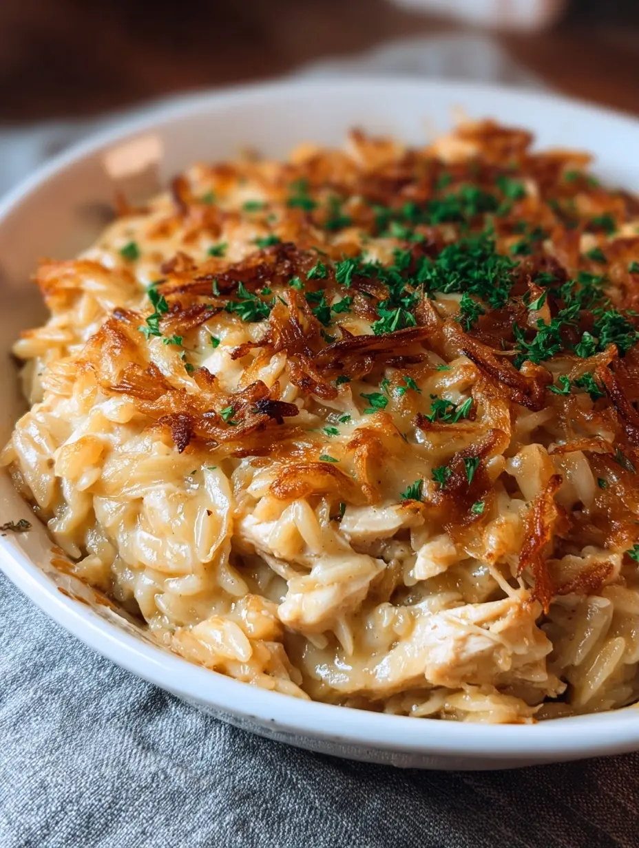 French Onion Chicken Orzo Casserole